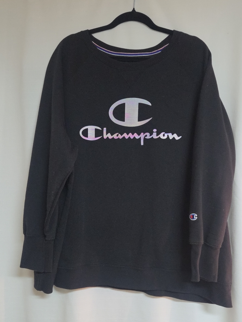 Champion Black 4x Crewneck with Iridescent Lavender Logo